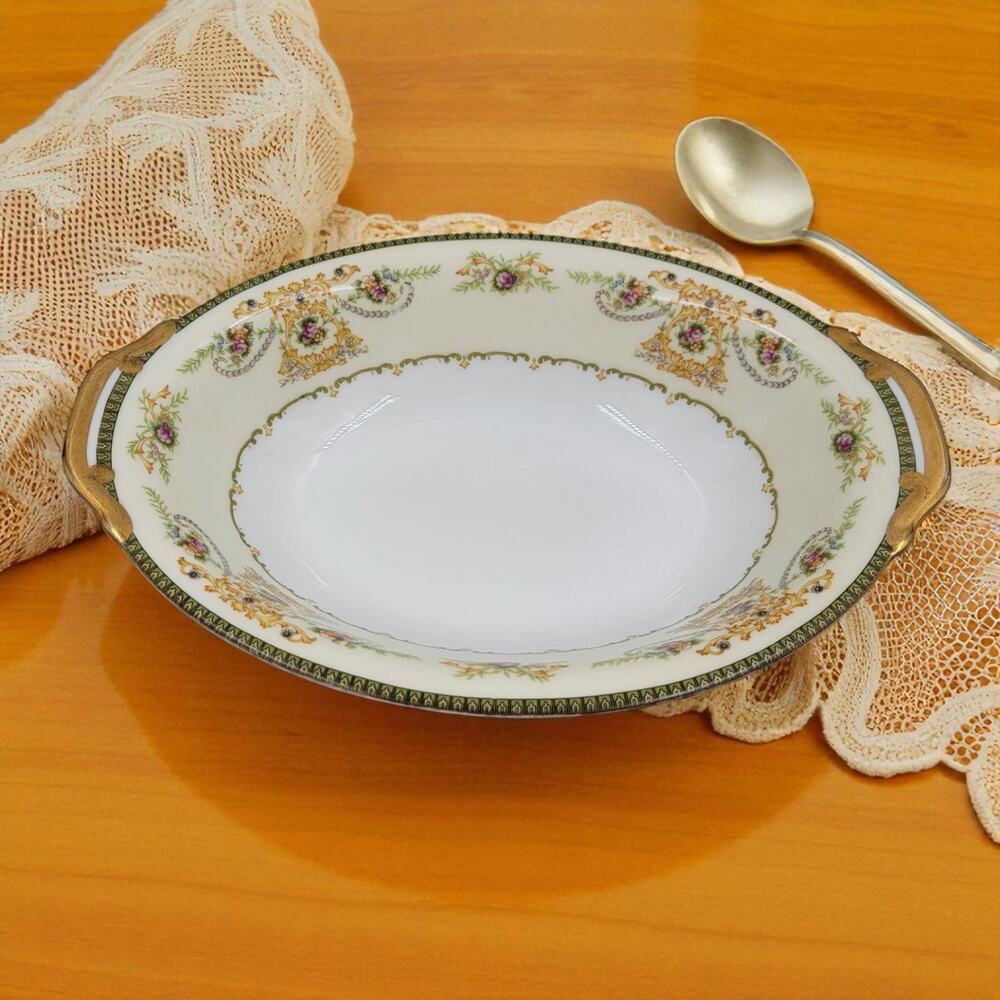 P.B. Japan Charm 11" Oval Serving Bowl Floral Scroll Gold Green Trim 1950s